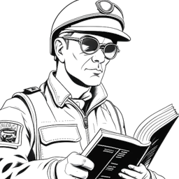 Uma ilustração de um homem refletindo a persona do Bebedor Crítico, vestido com trajes militares, absorto em sua leitura com óculos aviador realçando seu perfil, ambientado em uma mistura de cenários dos EUA e Europa Oriental.