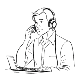 Uma ilustração de um homem representando o Bebedor Crítico, usando um fone de ouvido e conversando em uma ligação telefônica em um animado ambiente de escritório.