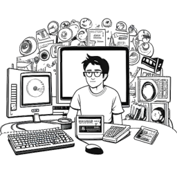 Uma ilustração de um homem, incorporando o Bebedor Crítico, sentado na frente de uma tela de computador entre rolos de filmes e quadrinhos, com um emblema do YouTube sutilmente integrado à cena.