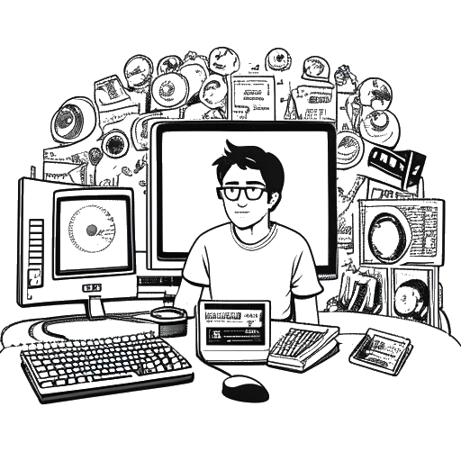 Uma ilustração de um homem, incorporando o Bebedor Crítico, sentado na frente de uma tela de computador entre rolos de filmes e quadrinhos, com um emblema do YouTube sutilmente integrado à cena.