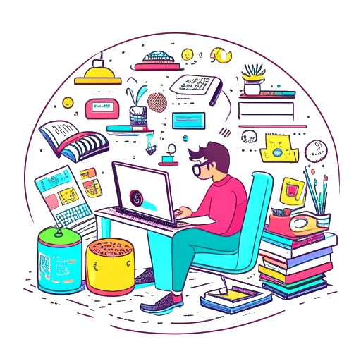 Digital artwork featuring a man representing The Critical Drinker filming YouTube content, writing novels, and engaging in a book collaboration, all within a setting filled with books, film elements, and technology, signifying diverse revenue streams.