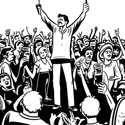 Dibujo de arte lineal de un hombre que representa al Critical Drinker, celebrando con una copa de whisky. Está rodeado por una multitud de personas y una pancarta de '1 Millón'.