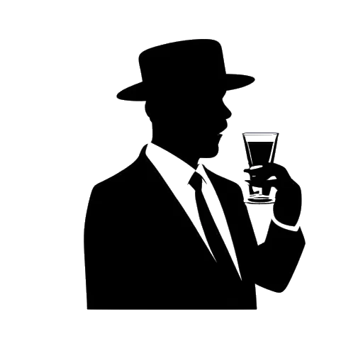 Disegno in bianco e nero di un uomo che rappresenta il Critical Drinker, con il viso nascosto, che tiene in mano un bicchiere di whisky. Una bandiera scozzese è visibile sullo sfondo.