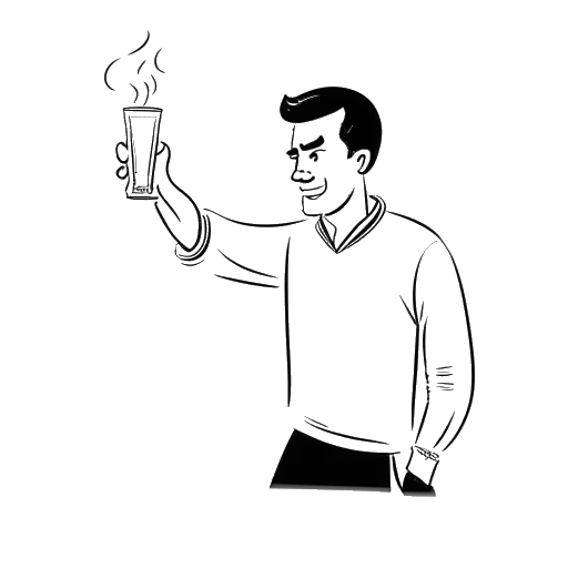 Line art drawing of a man, representing Critical Drinker, holding a drink and pointing to a Captain Marvel movie poster. A viral flame symbol is visible in the background.
