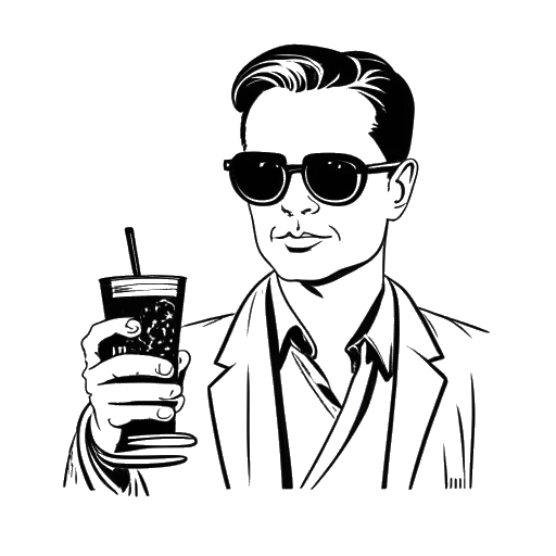 Dibujo de arte lineal de un hombre que representa al Critical Drinker, sosteniendo una bebida y usando gafas de sol de aviador oscuro. Se puede ver un proyector de cine en el fondo.