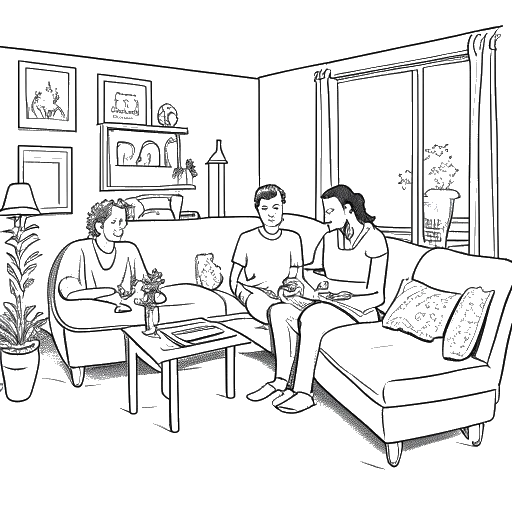 Line art drawing of a man representing the Critical Drinker, surrounded by his family – his wife, two sons, and a greyhound named Lara – in a comfortable living room.