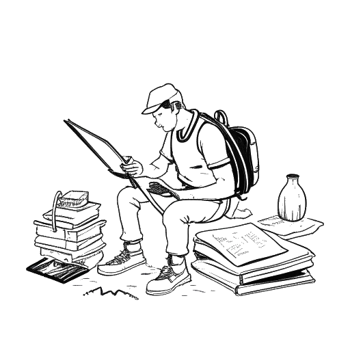 Line art drawing of a man representing the Critical Drinker, participating in several hobbies – researching military history, mountain climbing, weightlifting, boxing, and reading.