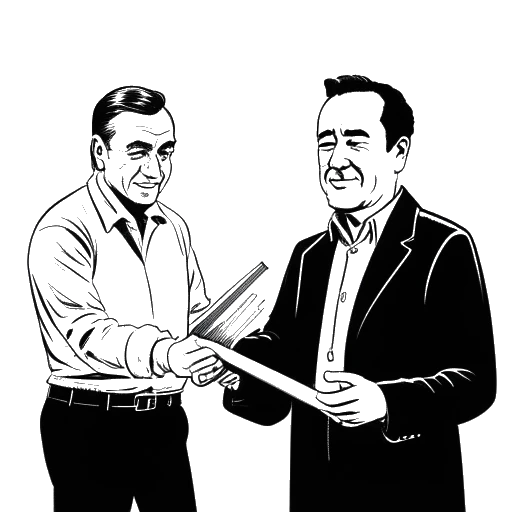 Line art drawing of a man, representing Critical Drinker, shaking hands with James Patterson. A book titled 'Carga Mortal' is visible in the background.