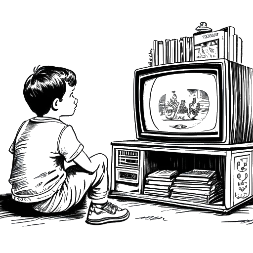 Line art drawing of a young boy representing the Critical Drinker, watching a movie on an old television. The scene is adorned with various movie-related items.