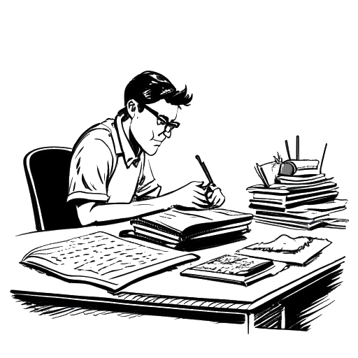Line art drawing of a man, representing Critical Drinker, writing at his desk. A book titled 'Colheita Negra' and a stack of comics are visible in the background.