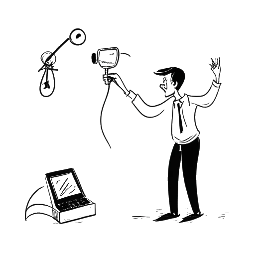 Line art drawing of a man representing the Critical Drinker, holding a telephone receiver, a TV remote, and a script, symbolizing his past work as a telemarketer and British TV actor.