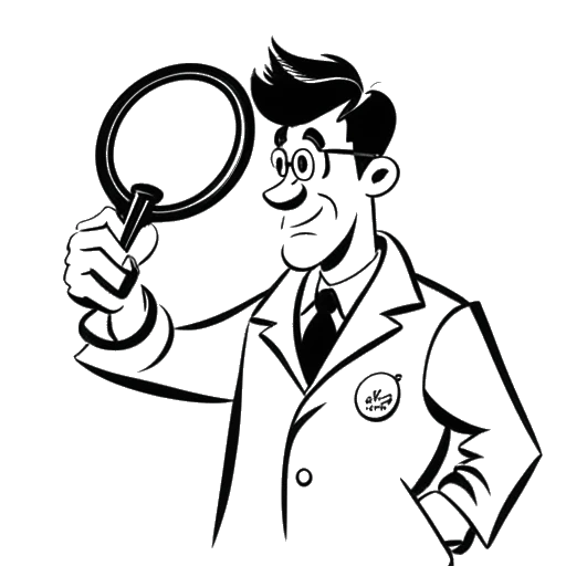 Line art drawing of a man representing the Critical Drinker, holding a magnifying glass and pointing at a Scooby-Doo reboot movie poster. His expression conveys disapproval.