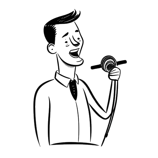Dibujo de arte lineal de un hombre que representa al Critical Drinker, criticando sarcásticamente frente a un micrófono. Una burbuja de diálogo contiene texto humorístico.