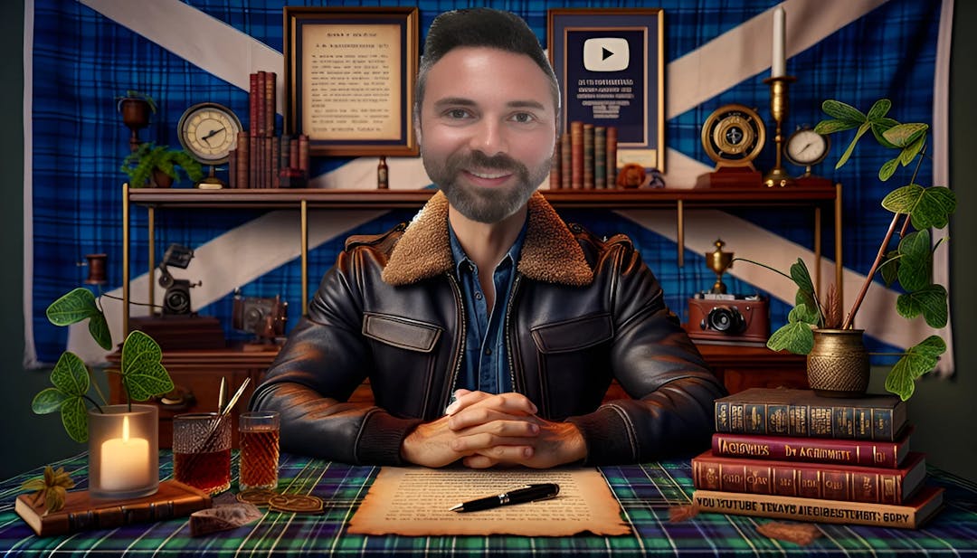 The Critical Drinker, representing a blend of Scottish charm and film critique passion, looking confidently at the camera with subtle sophistication, amidst a backdrop of symbolic Scottish elements and writing essentials.