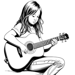 Desenho em arte linear de uma menina jovem representando Maren Morris, segurando uma guitarra com determinação e talento. A imagem em preto e branco retrata sua ascensão à fama.