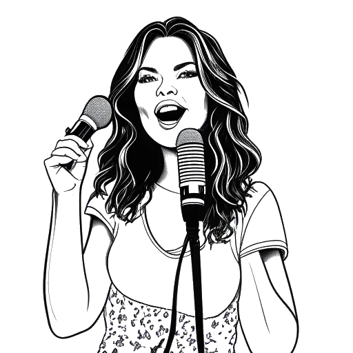 Line art drawing of a woman, representing Maren Morris, holding a microphone. Musical notes and dollar signs surround her, symbolizing her successful music career and financial prosperity. The image is presented on a white background.