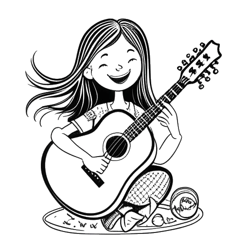 Disegno in stile line art di una 12enne Maren Morris che riceve la sua prima chitarra.