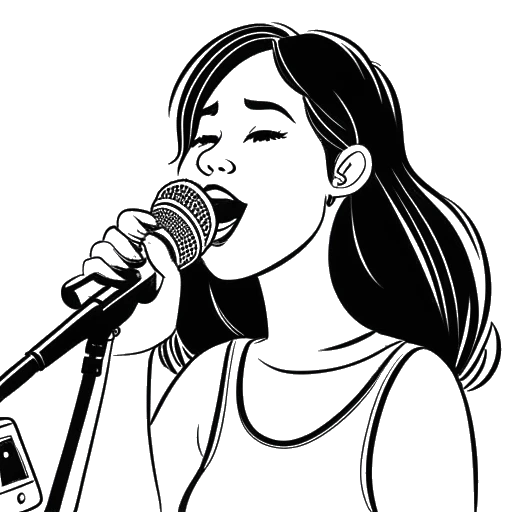 Disegno in stile line art di una giovane Maren Morris che canta al karaoke nel salone dei genitori.
