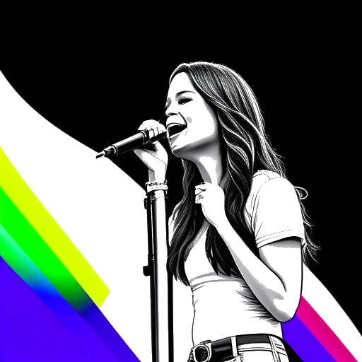 Dessin en noir et blanc de Maren Morris plaidant pour les droits LGBTQ+ et se produisant lors d'événements de la fierté.
