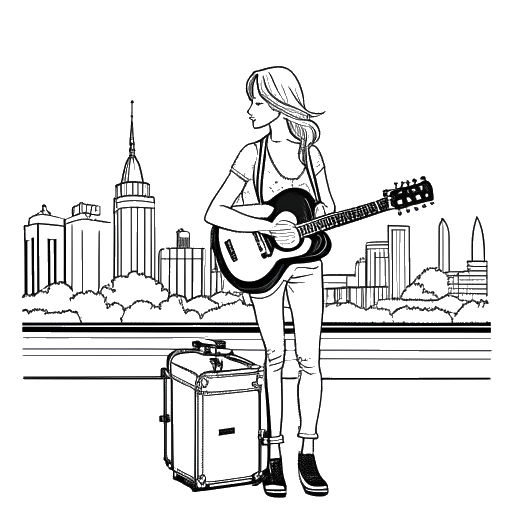 Desenho de arte de linha de Maren Morris se mudando para Nashville para seguir sua carreira na música.