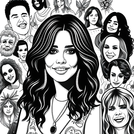 Line art drawing of Maren Morris with her musical influences: Katy Perry, Coldplay, Linda Ronstadt, Dolly Parton, Chaka Khan, and Hank Williams.