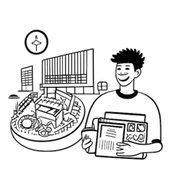 Graphic line art of a man, symbolizing 21 Savage, involved in community service and education, with a green card in hand, encircled by educational and financial literacy symbols, with the iconic O2 Arena indicating his return to London.