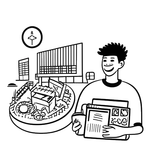 Graphic line art of a man, symbolizing 21 Savage, involved in community service and education, with a green card in hand, encircled by educational and financial literacy symbols, with the iconic O2 Arena indicating his return to London.