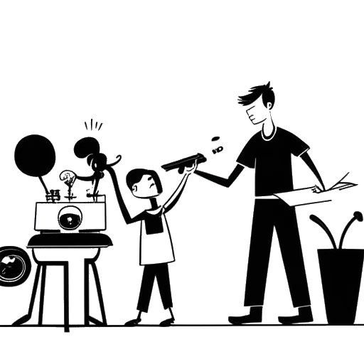 Ilustração em linha representando 21 Savage, mostrando sua vida multifacetada envolvendo atuação, gestão de selo musical e paternidade com simbolismo de cinema, música e crianças.