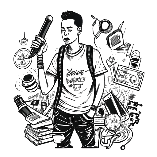 Dibujo de un joven, personificando a 21 Savage, en un estudio de grabación, capturando su viaje desde una juventud desafiante que involucra la escuela y las armas hasta lograr música en las listas de Billboard.