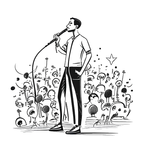 Line art drawing of a man, representing 21 Savage, energetically performing with a microphone and clutching a Grammy, with music notes and dollar signs around him, symbolizing his success in music and business, against a white backdrop.