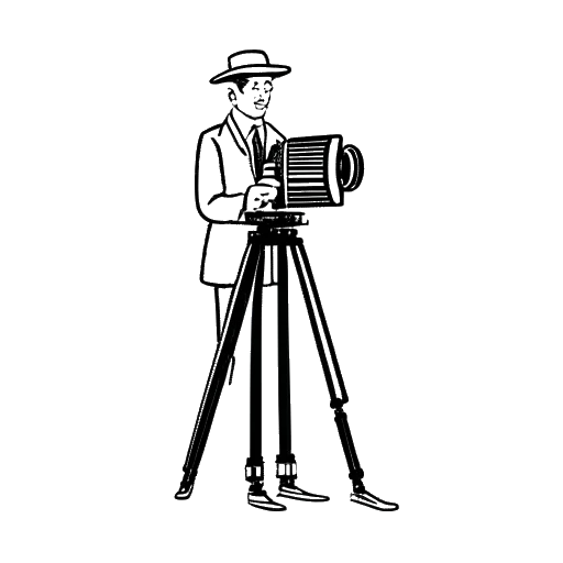 Desenho em arte linear de um homem, representando 21 Savage, em frente a uma câmera de cinema