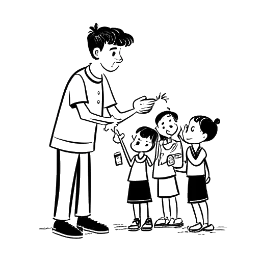 Line art drawing of a man, representing 21 Savage, handing out school supplies to children