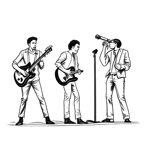 Line art drawing of three men, representing 21 Savage, J. Cole, and Drake, performing on stage