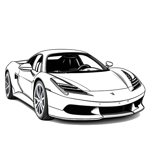 Desenho em arte linear de um homem, representando 21 Savage, sentado em uma Ferrari