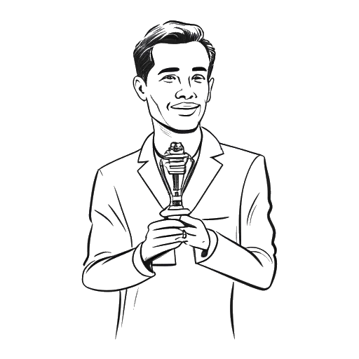 Line art drawing of a man, representing 21 Savage, holding a Grammy award