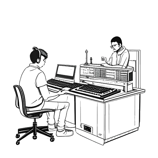 Line art drawing of two men, representing 21 Savage and Metro Boomin, working on music in a recording studio