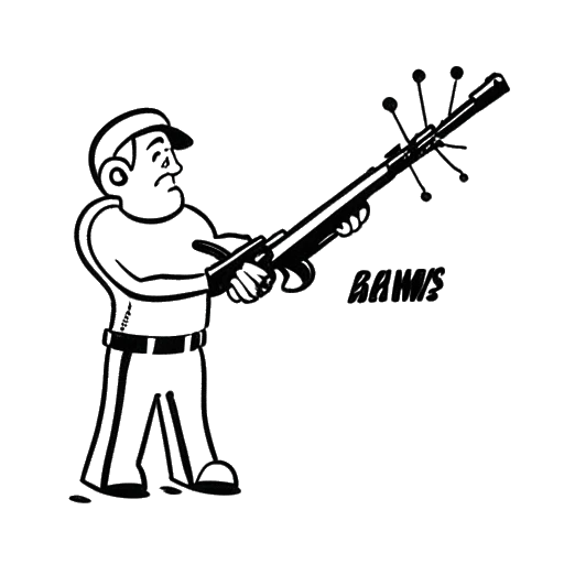 Desenho em arte linear de um homem, representando 21 Savage, segurando um cartaz que diz 'Armas no Chão, Balas de Tinta em Cima'