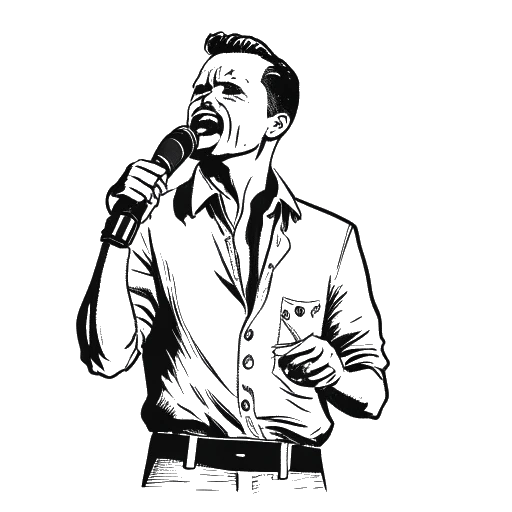 Line art drawing of a man, representing 21 Savage, holding a microphone with bullet holes in his shirt