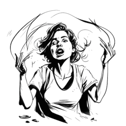 Desenho de arte linear de uma mulher, incorporando um personagem principal em uma cena de suspense, exibindo emoções intensas em meio a adereços e iluminação sombria, enfatizando suas habilidades de atuação, em um fundo branco.