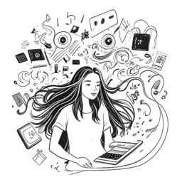 Desenho de arte linear de uma mulher, representando Gabriela Bee, com cabelos compridos, cercada por telas exibindo diversos conteúdos, notas musicais no ar, simbolizando suas buscas criativas, tudo em um fundo branco.