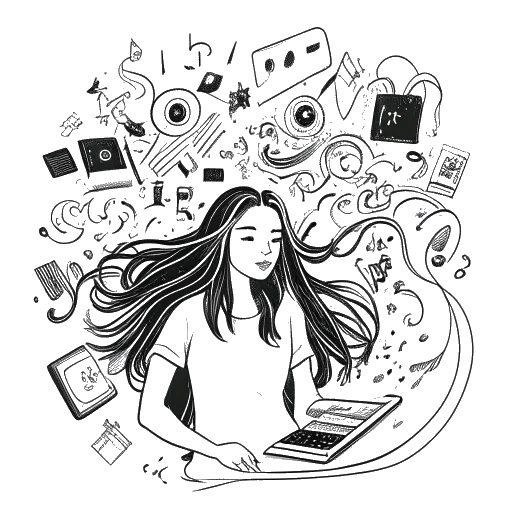Desenho de arte linear de uma mulher, representando Gabriela Bee, com cabelos compridos, cercada por telas exibindo diversos conteúdos, notas musicais no ar, simbolizando suas buscas criativas, tudo em um fundo branco.