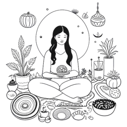 Desenho de arte linear de uma mulher meditando pacificamente com símbolos da culinária japonesa e instrumentos musicais ao redor, com um toque de festividade de Halloween, refletindo seus interesses variados e rotinas diárias, em um fundo branco.