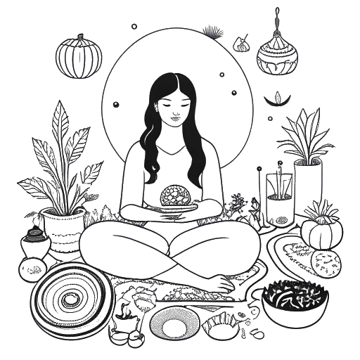 Dessin en ligne d'une femme méditant paisiblement entourée de symboles culinaires japonais et d'instruments de musique, avec une touche de festivités d'Halloween, reflétant ses centres d'intérêt variés et ses routines quotidiennes, sur fond blanc.