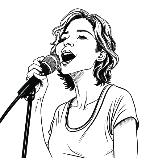Strichzeichnung einer Frau, die Gabriella Bee darstellt, bei einem Auftritt mit einem Mikrofon auf der Bühne. Der Hintergrund deutet auf ihre vielseitige Karriere in Musik und Schauspiel hin, vor einem weißen Hintergrund.