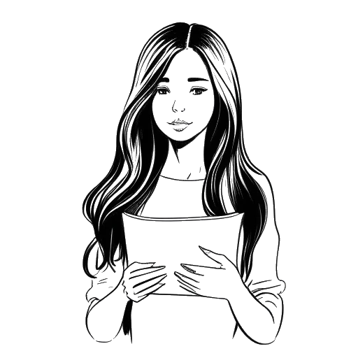 Dibujo de arte lineal de una chica, representando a Gabriela Bee, sosteniendo un guion de película