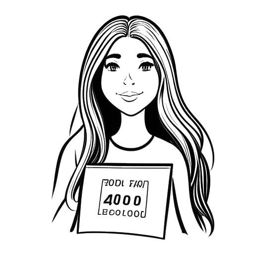 Line art drawing of a girl, representing Gabriela Bee, holding a plaque with 42000000 on it