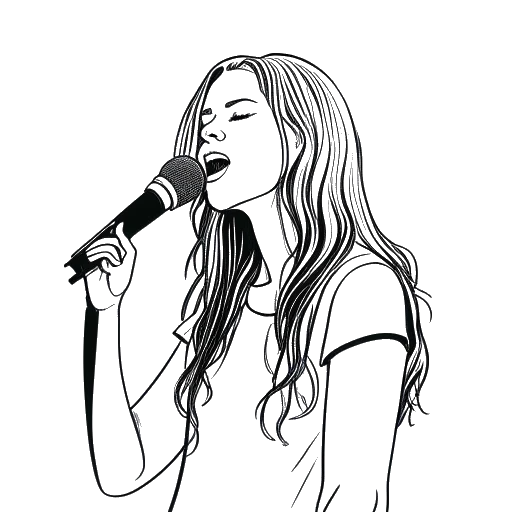 Line art drawing of a girl, representing Gabriela Bee, holding a microphone