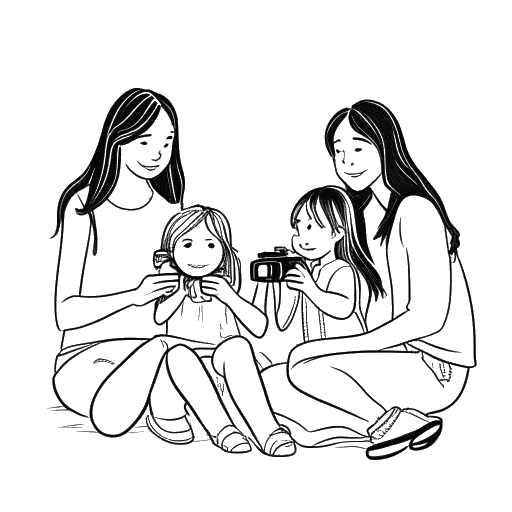Desenho em arte linear de uma garota, representando Gabriela Bee, sentada com sua família na frente de uma câmera