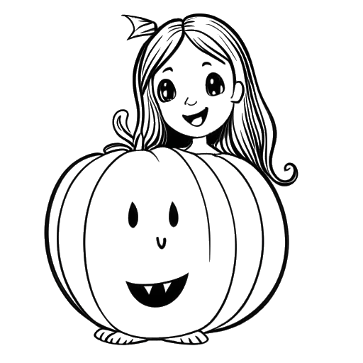 Dessin en ligne d'une fille, représentant Gabriela Bee, tenant une citrouille d'Halloween avec 'Joyeux Demi-Halloween' dessus