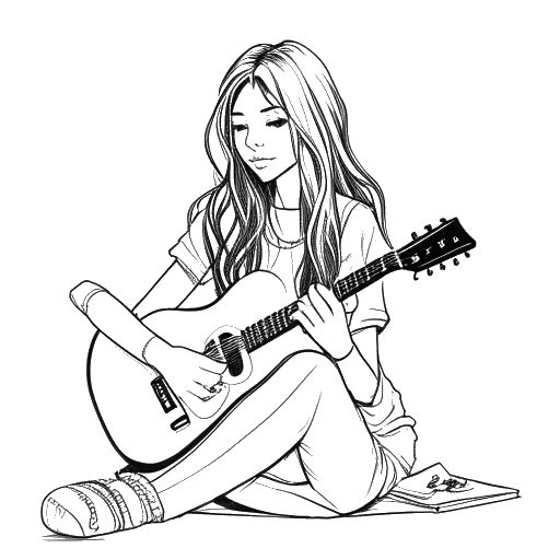Desenho em arte linear de uma garota, representando Gabriela Bee, desenhando em um caderno, com um violão e controle de videogame por perto